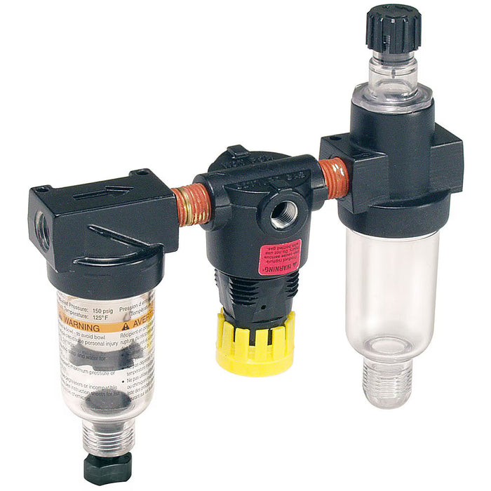 Conjunto FRL Parker 14A11B18F0GF filtro de 5µ drenaje manual y manómetro para sistemas neumáticos con puertos NPT de 1/4 in