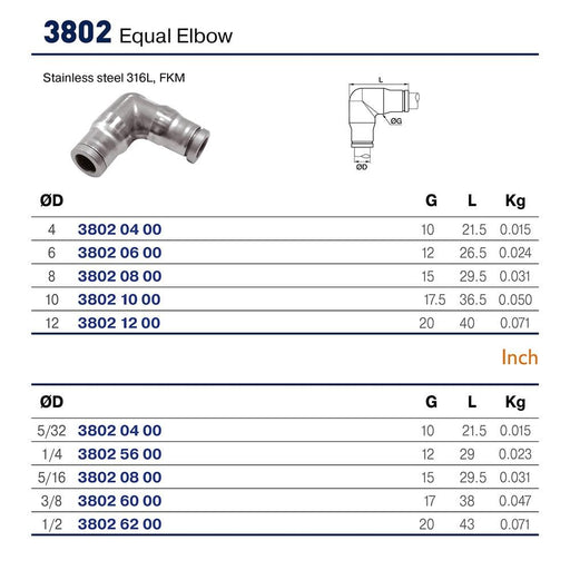 Codo Parker 38025600 LF 3800 Acero Inoxidable 316L