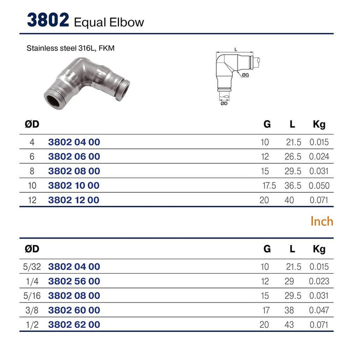 Codo Parker 38025600 LF 3800 Acero Inoxidable 316L