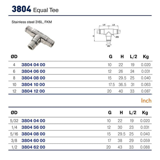Tee Parker 38046000 — Acero Inoxidable 316L Push-In