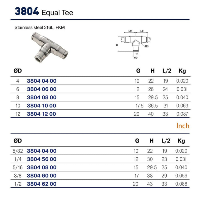 Tee Parker 38046200 — Acero Inoxidable 316L Push-In