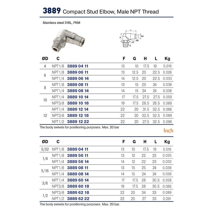 Codo Parker 3889 10 18 — Legris 316L NPT Compacto