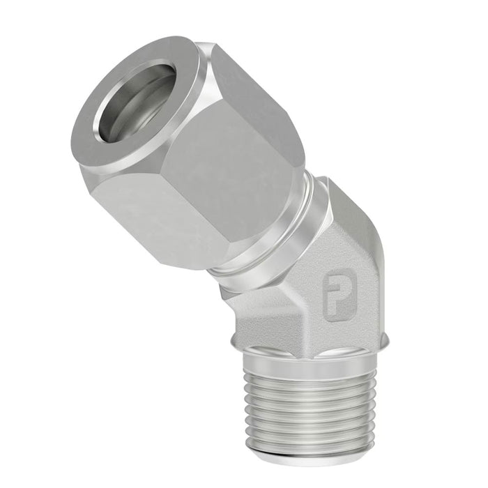 Codo de 45° Ferulok Parker 6 VBU-S Flareless de 3/8 in a NPT Macho en Acero