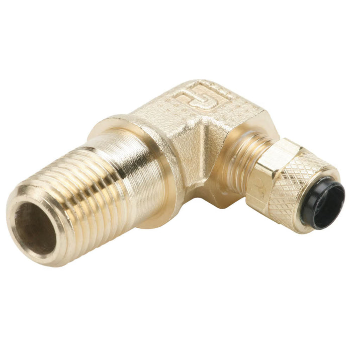 Codo de 90° Parker 169LP-4-4 Largo Poly-Tite Conexión por Compresión en Latón para Tubo Termoplástico de 1/4 in a Macho NPT de 1/4 in