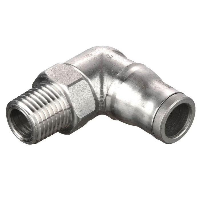 Codo de 90° Parker 169PLS-4-2 Conexión Push-to-Connect en Acero Inoxidable para Tubo de 1/4 in a Macho NPT de 1/8 in