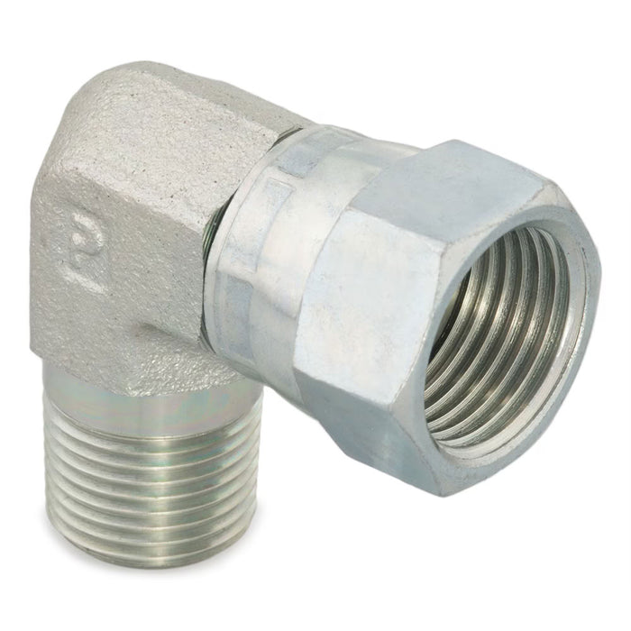 Codo de 90° con tuerca giratoria Triple-Lok Parker 8 X6EF-S de acero para tubo de 1/2 in a rosca NPT macho de 3/8-18