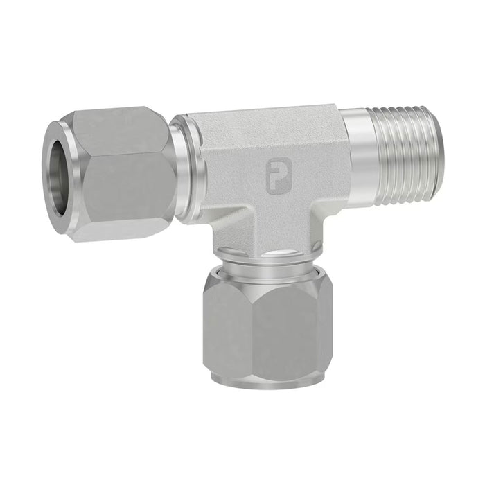 Conector Parker 4-4-4 RBU-S Ferulok Tee de Paso Tipo Muerde Tubo 1/4 in a NPT Macho 1/4 in 5000 psi Acero