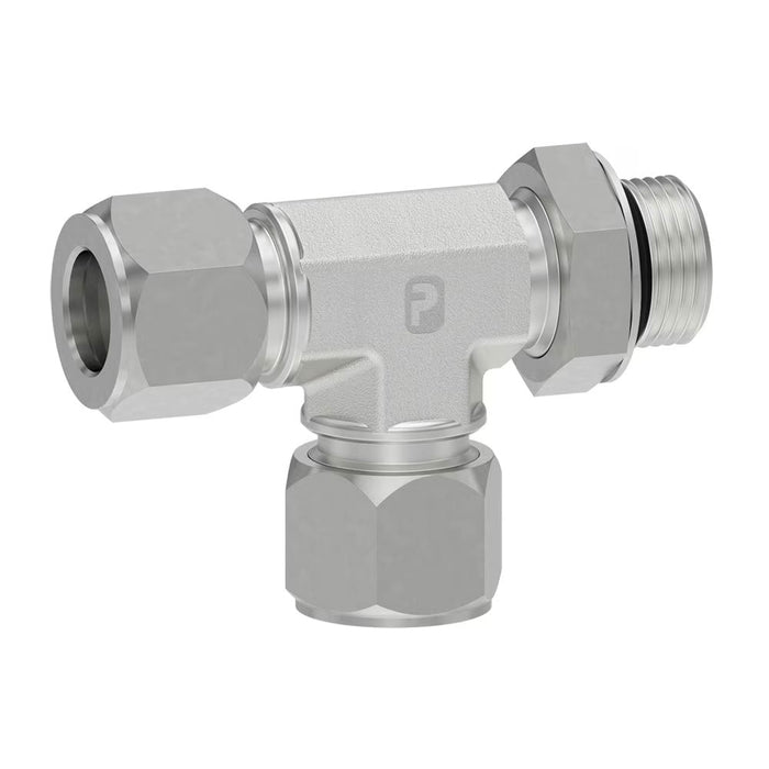 Conector Parker 4 R5BU-S Ferulok Tee de Paso Tipo Muerde Tubo 1/4 in a SAE ORB 7/16-20 5000 psi Acero
