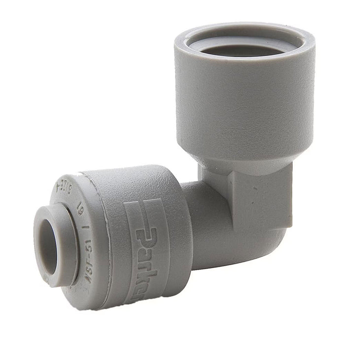 Conector en codo de 90° TrueSeal Parker A6FE6-MG de acetal para tubo de 3/8 in a rosca NPT hembra de 3/8 in