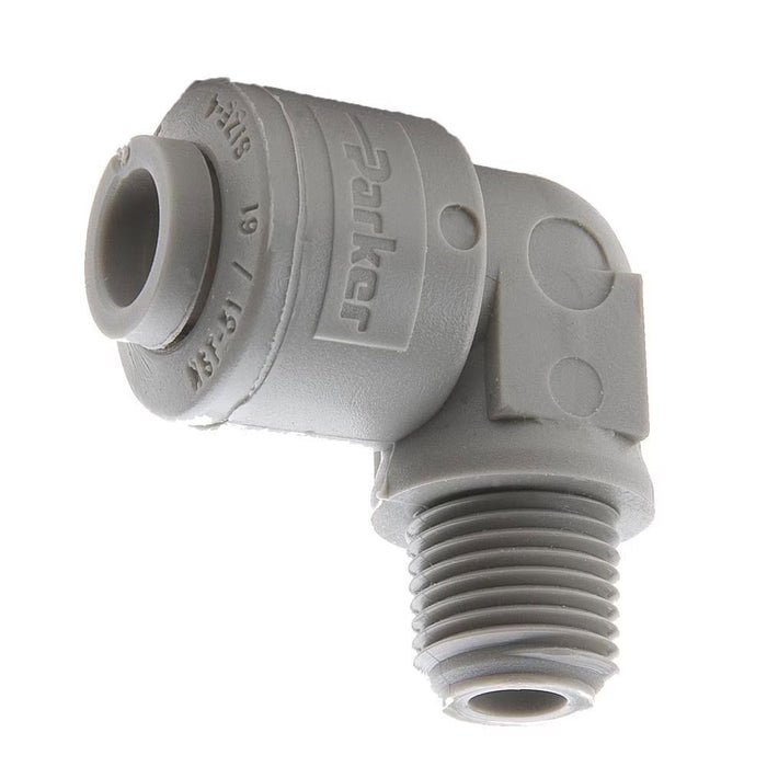 Conector en codo de 90° TrueSeal Parker A6ME4-MG de acetal para tubo de 3/8 in a rosca NPT macho de 1/4 in