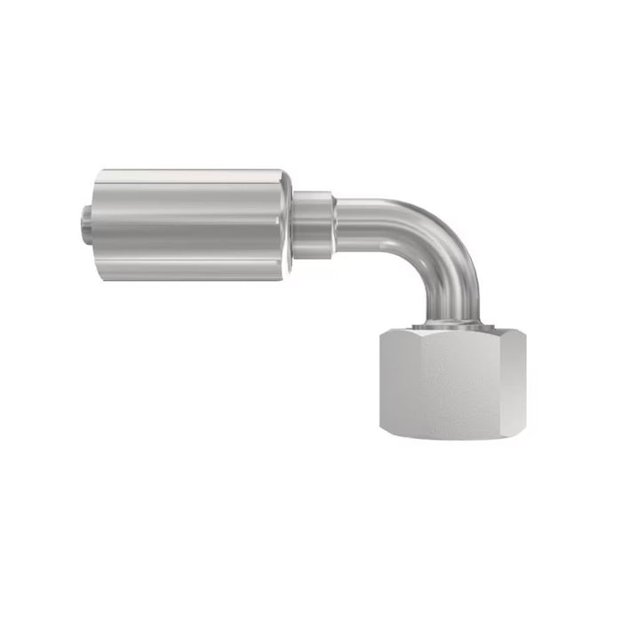 Conexión Crimpable Codo 90° No-Skive Parker 1CF43-6-4 Serie 43 Hembra Métrica L Swivel 24° Cono con O-Ring de 1/4 in