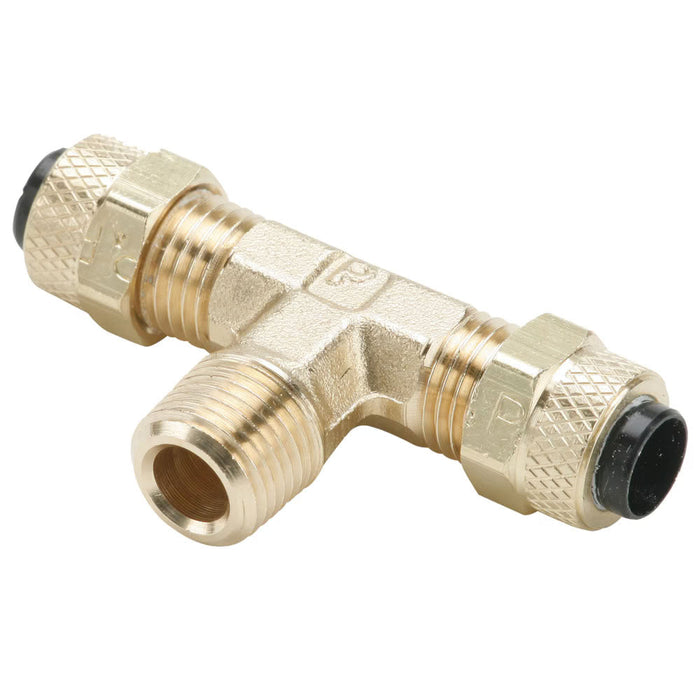 Conexión en Tee de Derivación Poly-Tite Parker 172P-4-2 en Latón de 1/4 in con Salida a Rosca NPT Macho 1/8 in