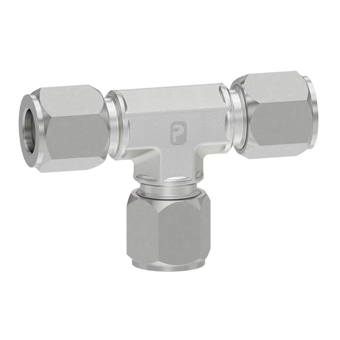 Conexión en Tee de Unión Ferulok Parker 8 JBU-SS en Acero Inoxidable Flareless 24° Triple Macho para Tubo de 1/2 in
