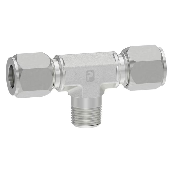 Tee de Ramal Ferulok Parker 10 SBU-S Acero Flareless 24° Doble Macho y NPT Macho 1/2-14 in para Tubo de 5/8 in 4500 psi