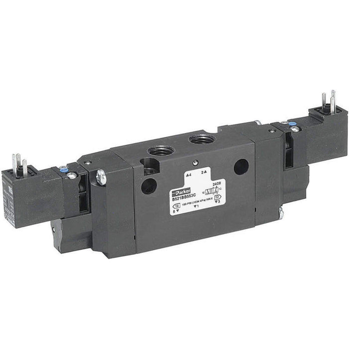 Válvula Solenoide Doble Parker B521BB553C Serie B 5 Puertos 1/4 NPT 120 VAC