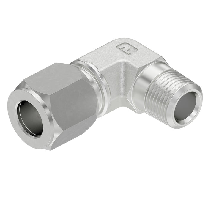 Codo 90° Ferulok Parker 6-8 CBU-SS — Tubo 3/8 a Macho NPTF 1/2-14 en Acero Inoxidable 316